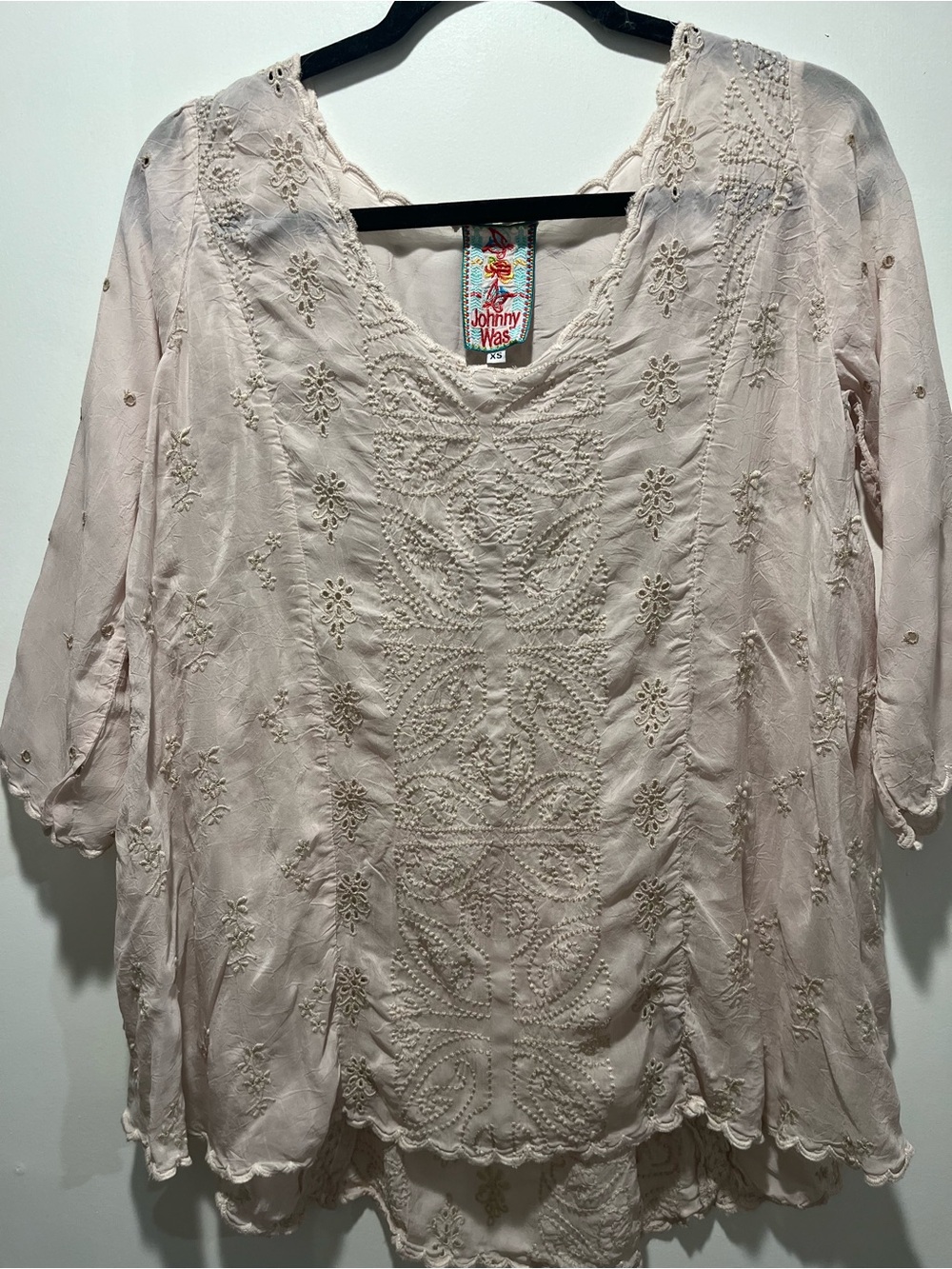 Johnny Was Pale Pink Embroidered V-Neck Tunic